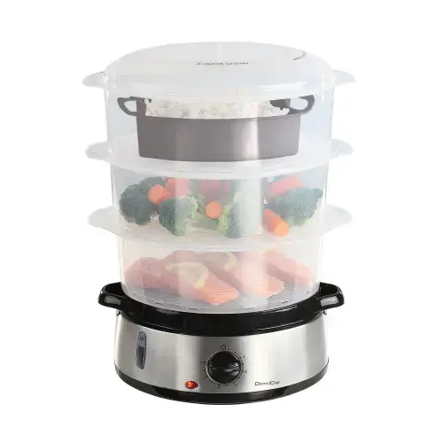 Aparat de gatit cu aburi DomoClip DOC141, 9L, 800W, 3 cosuri, bol orez, accesoriu oua,