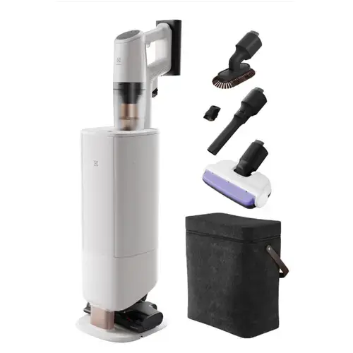 Aspirator vertical Electrolux 800 Hygienic EP83HB25UV, autonomie pana la 90min, 140AW, 3 viteze+AUTO, 0.4 l, statie de golire automata, sac de praf 2 l, perie electrica cu LED, perie UV pentru igienizare tapiterie, duze spatii inguste, zone delicate (Alb