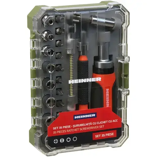 Set 35 accesorii Heinner PCSS019, surubelnita cu clichet, surubelnita precisa, biti, biti precizie, tubulare din otel carbon, adaptor biti, extensie biti, extensie flexibila