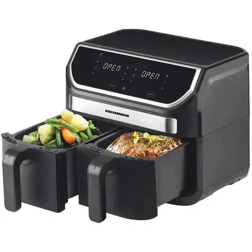 Friteuza dubla cu aer cald Heinner Double Master HAF-KDB1700BK, 8.5L, 1700W, doua cosuri detasabile antiaderente, tehnologie de circulare rapida a aerului, display digital cu control Touch, 11 programe presetate, 80-200 grade, timer 60 min, Negru