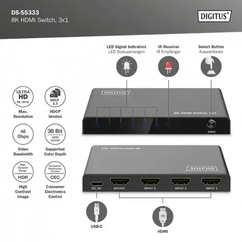 Switch HDMI 8K, Digitus DS-55333, 3 x HDMI, Negru