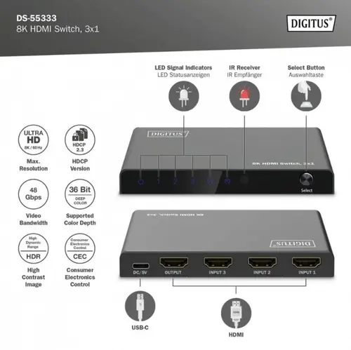 Switch HDMI 8K, Digitus DS-55333, 3 x HDMI, Negru
