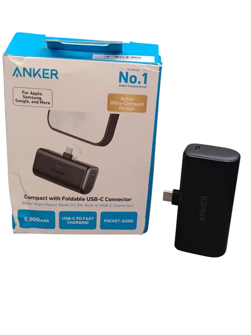 Acumulator extern Anker Nano, conector USB-C incorporat si pliabil, 5000mAh, 22.5W, Negru