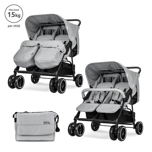 Carucior pentru gemeni Lorelli Twin, reglabil individual, pana la 15 kg per copil, geanta pentru mama inclusa, Gri