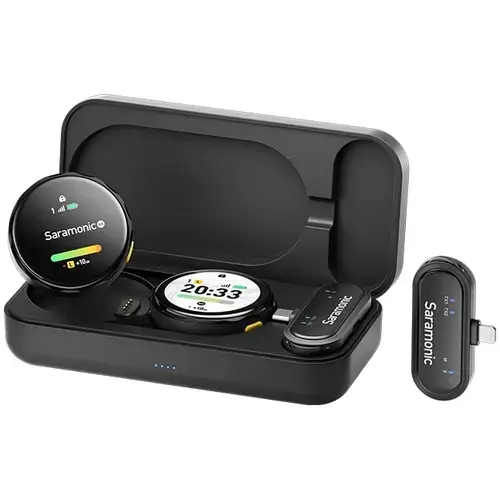 Microfon wireless Saramonic BlinkMe U2, 1x Receiver, 2x Microfon, Autonomie microfon 8 ore, Raza de actiune 100m, Noise canceling, Touchscreen, Negru