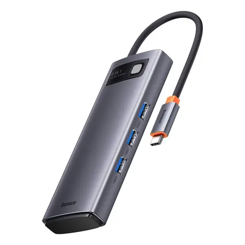 Adaptor Baseus Gleam 6in1, HUB USB-C - HDMI, 3x USB3.0, SD, TF PD 100W, Negru