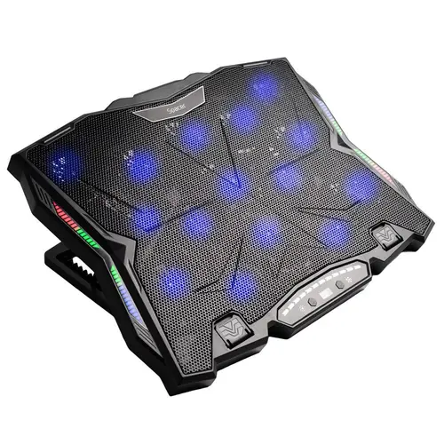 Stand SPACER notebook 17″ Gaming, sita metal, 15x6cm LED fans, 6 trepte turatie Max 2200RPM, 8 trepte inaltime, RGB 10 moduri, suport telefon, Negru