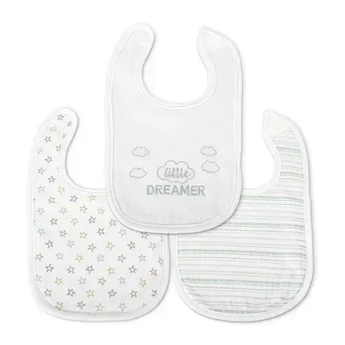 Set 3 bavete bumbac pentru nou-nascut Lorelli, inchidere cu velcro, potrivit pentru hranire si in perioada eruptiei dentare, 0 luni+, Alb