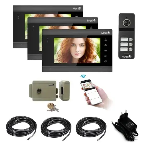 Kit VideoInterfon Smart Mentor SYKT009 WiFi 3xMonitor Interfon Yala acces 3 locatii 7" HD 1.3MP MicroSD InfraRed Senzor de miscare