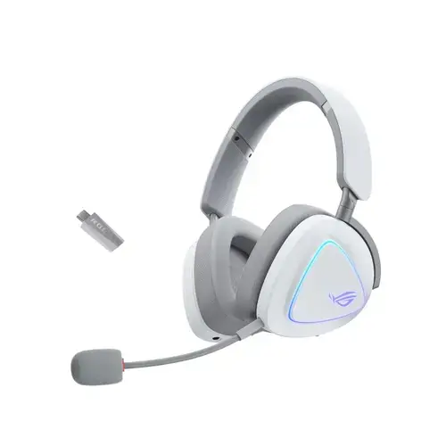 Casti Gaming Wireless ASUS ROG DELTA II, Jack 3.5mm, BT si Wi-Fi 2.4 GHz prin ROG SpeedNova, Dual-Flow Audio, Autonomie 100 ore, Iluminare RGB, 318 gr., Alb