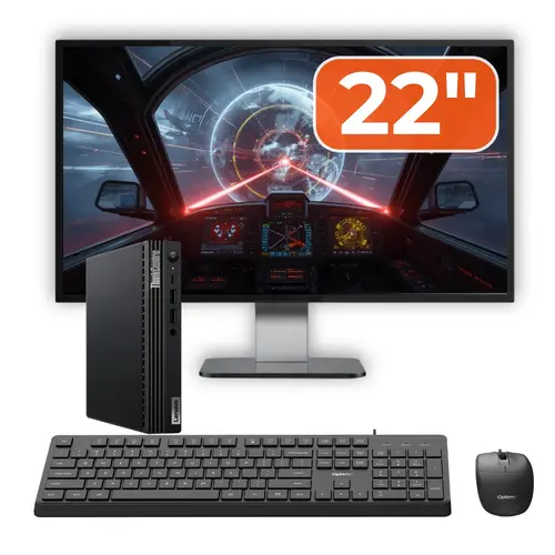 Pachet Mini PC refurbished Lenovo ThinkCentre M70q G2, Intel Pentium Gold G6405T 3.50GHz, 8GB DDR4, 256GB SSD NVMe + Monitor 22" + cadou tastatura si mouse OptimX Pro KM500