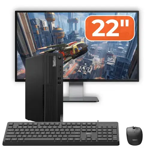 Pachet PC refurbished Lenovo ThinkCentre M70s SFF, Intel Pentium Gold G6400 4.00GHz, 8GB DDR4, 256GB SSD NVMe + Monitor 22" + cadou tastatura si mouse OptimX Pro KM500
