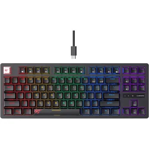 Tastatura gaming HAVIT KB892L, 87 taste, full anti-ghosting, 19 moduri de iluminare, US Layout, switch-uri Blue, Conectare type C, Negru