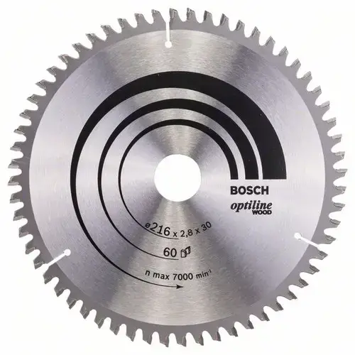 Disc pentru fierastraie electrice, Bosch, Optiline Wood, 216x30x2.8 mm, 60 dinti, Otel, Argintiu