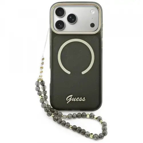 Husa MagSafe pentru Apple iPhone 17 Pro Max, Guess, IML Glitter Script Strap, Negru