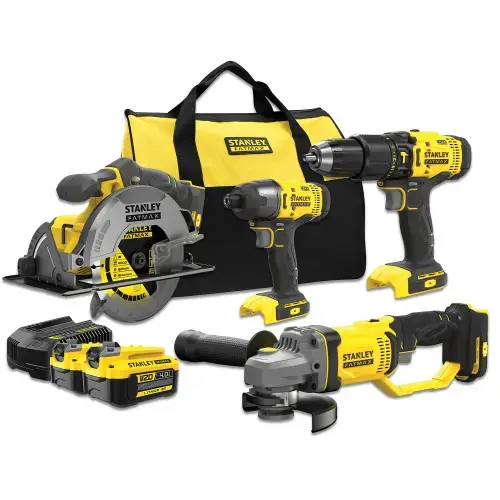Set 4 scule profesionale STANLEY FatMax SFMCK469M2, 18V V20, brushless, masina de gaurit cu percutie SFMCD711, masina de insurubat SFMCF800, polizor unghiular SFMCG400, fierastrau circular SFMCS500, 2x acumulator Li-Ion 4 Ah, geanta material textil