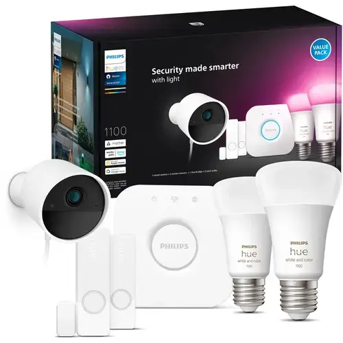 Kit de baza Philips Hue Secure, 2 Becuri LED RGB + Camera supraveghere, 1080 p HDR, Night vision, alarma 80-90 db, IP65 + 2 Senzori de contact + Consola Hue Bridge