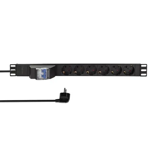 Prelungitor PDU LOGILINK 1U pentru rack 19 inch, 6 prize Schuko, intrare Schuko, max 16 A, circuit intrerupere 2 poli, 2 m