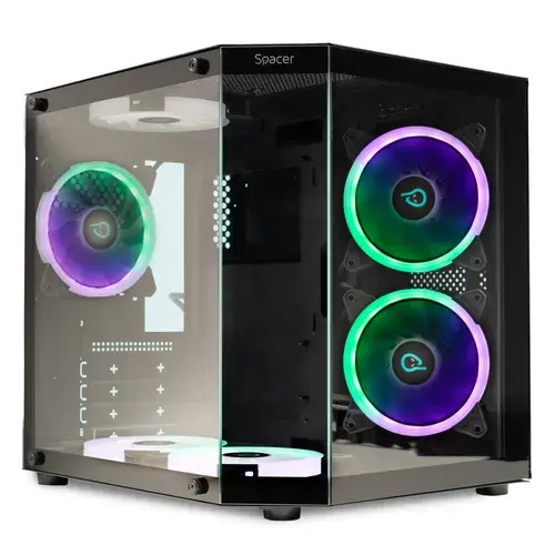 Carcasa SPACER AQUARIUM, Mini Tower, mATX, fara sursa, sticla securizata, 3 x ARGB fan, HUB, telecomanda, USB 3.0 x 1, USB Type-C x 1, HD-Audio, Jack 3.5mm x 1, PSU shroud, Negru