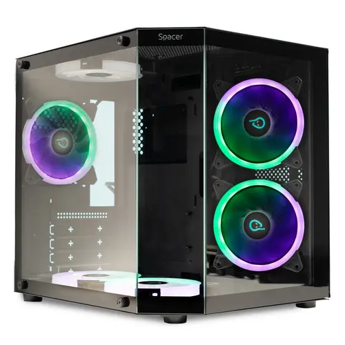 Carcasa SPACER AQUARIUM, Mini Tower, mATX, fara sursa, sticla securizata, 3 x ARGB fan, HUB, telecomanda, USB 3.0 x 1, USB Type-C x 1, HD-Audio, Jack 3.5mm x 1, PSU shroud, Negru