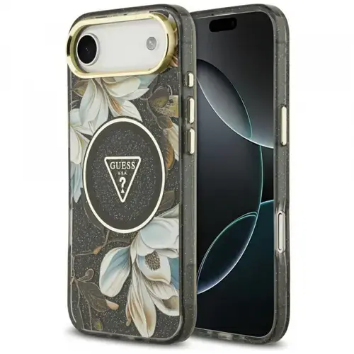 Husa MagSafe pentru Apple iPhone Air, Guess, IML Metal Glitter Flowers Triangle, Neagra