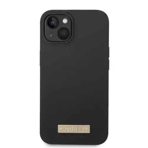 Husa telefon Guess pentru iPhone 14 Plus, Metal Logo, MagSafe, Silicon lichid, Negru
