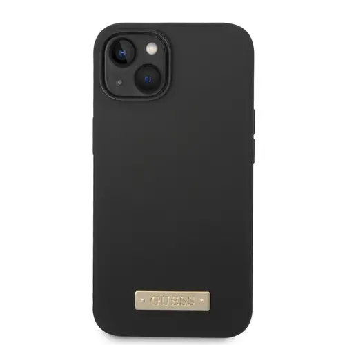 Husa telefon Guess pentru iPhone 14 Plus, Metal Logo, MagSafe, Silicon lichid, Negru