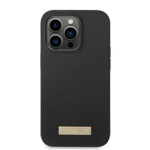 Husa telefon Guess pentru iPhone 14 Pro Max, Metal Logo, MagSafe, Silicon lichid, Negru