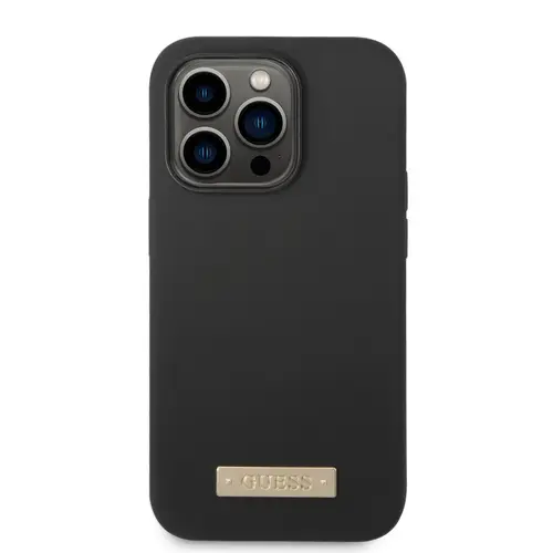 Husa telefon Guess pentru iPhone 14 Pro Max, Metal Logo, MagSafe, Silicon lichid, Negru