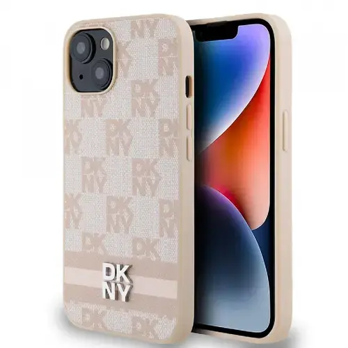Husa pentru Apple iPhone 15, DKNY, Checkered Mono Pattern & Printed Stripes, Roz