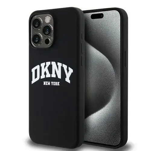 Husa MagSafe pentru Apple iPhone 15 Pro Max, DKNY, Liquid Silicone White Printed Logo, Neagra