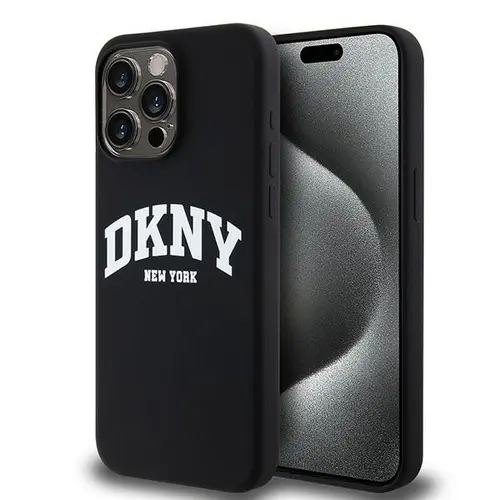 Husa MagSafe pentru Apple iPhone 15 Pro Max, DKNY, Liquid Silicone White Printed Logo, Neagra