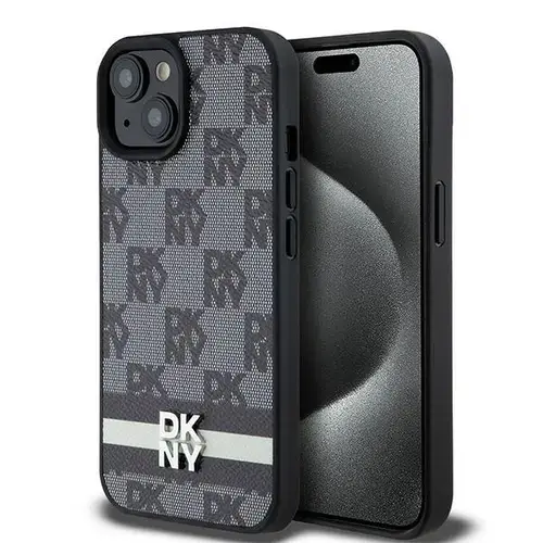 Husa pentru Apple iPhone 15, DKNY, Checkered Mono Pattern & Printed Stripes, Neagra