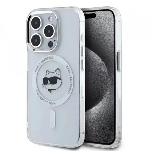 Husa MagSafe pentru Apple iPhone 15 Pro, Karl Lagerfeld, IML Metal Choupette's Head, Alba