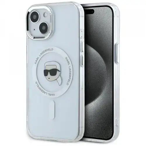 Husa MagSafe pentru Apple iPhone 15 Plus, Karl Lagerfeld, IML Metal Karl's Head, Alba