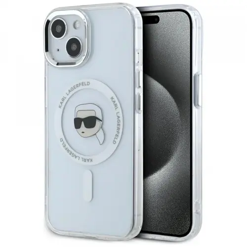 Husa MagSafe pentru Apple iPhone 15 Plus, Karl Lagerfeld, IML Metal Karl's Head, Alba
