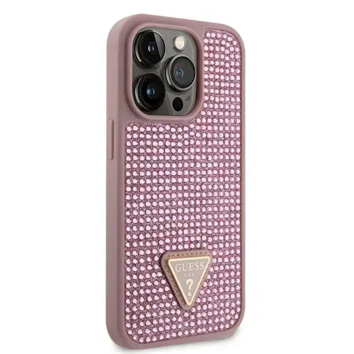 Husa Guess Rhinestones Triangle Metal Logo iPhone 14 Pro, Roz