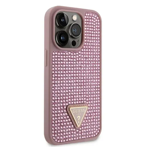 Husa Guess Rhinestones Triangle Metal Logo iPhone 14 Pro, Roz
