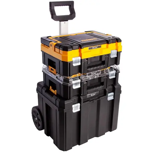 Set 3 cutii de unelte TSTAK DeWALT, mobila cu roti, organizatoare, IP54, 512x635x435mm, 440x337x119mm, 440x183x332mm