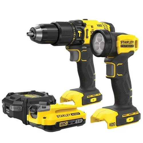 Set 2 scule Stanley FatMax SFMCK210D1-QW masina de gaurit cu percutie, lanterna led, 1 x acumulator 2 Ah si incarcator