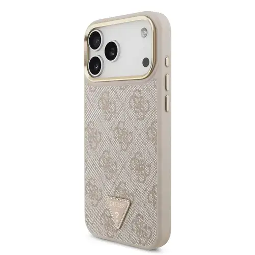 Guess Husa Leather 4G Triangle Logo Gold Frame MagSafe iPhone 17 Pro Max Roz