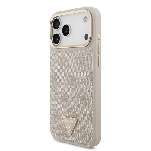 Guess Husa Leather 4G Triangle Logo Gold Frame MagSafe iPhone 17 Pro Max Roz
