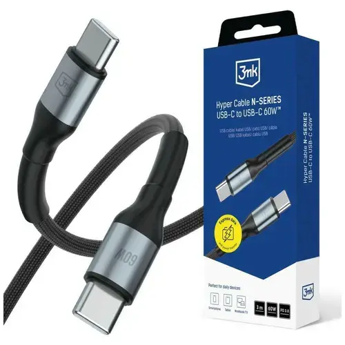 Cablu pentru incarcare si transfer de date 3mk Hyper N-SERIES, 2x USB-C, 60W, 3A, 3m, Negru