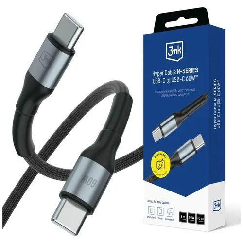 Cablu pentru incarcare si transfer de date 3mk Hyper N-SERIES, 2x USB-C, 60W, 3A, 3m, Negru