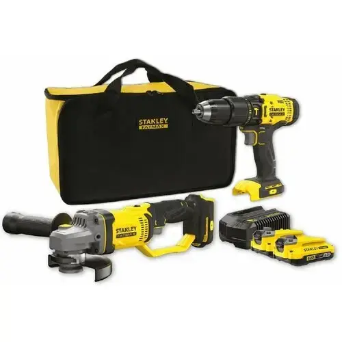 Set 2 piese, masina de gaurit si insurubat + slefuitor unghiular, Stanley, 18 V, 2x2,0 Ah, geanta moale