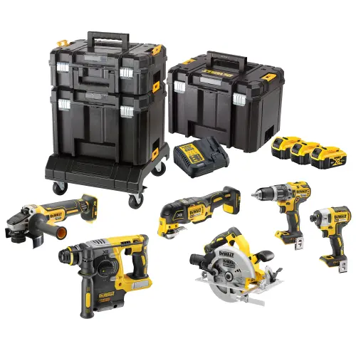 Set 6 scule DeWALT DCK685P3T, 18V XR, brushless, masina de gaurit DCD796, masina de insurubat DCF887, rotopercutor DCH273, polizor unghiular DCG405, fierastrau circular DCS570, multif. oscilant DCS355, 3x acumulator Li-Ion 5 Ah, valize TSTAK