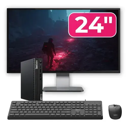 Pachet Mini PC Refurbished Lenovo ThinkCentre M70q G2, Intel Core i5-11400T 1.30-3.70GHz, 8GB DDR4, 256GB SSD NVMe + Monitor 24" + cadou tastatura si mouse OptimX Pro KM500