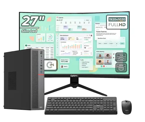Calculator OptimX T5 SFF cu procesor Intel Core i5-10500T, 8GB DDR4, 256GB SSD, Windows 11 Pro si Monitor Curbat 27inch FHD, IPS, LED + kit tastatura si mouse Pro KM500 cu fir