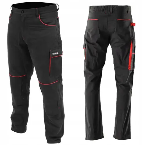 Pantaloni de lucru Yato COMFY, 100% bumbac periat, 7 buzunare, negru cu detalii rosii, M