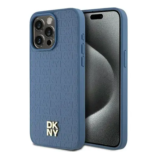 Husa MagSafe pentru Apple iPhone 15 Pro Max, DKNY, Monogram Pattern Metal Logo, Albastra